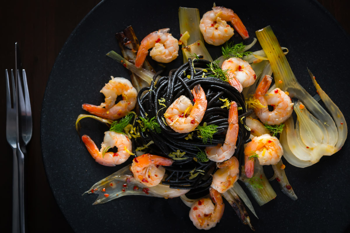 Squid Ink Spaghetti with Shrimp and Fennel | Krumpli