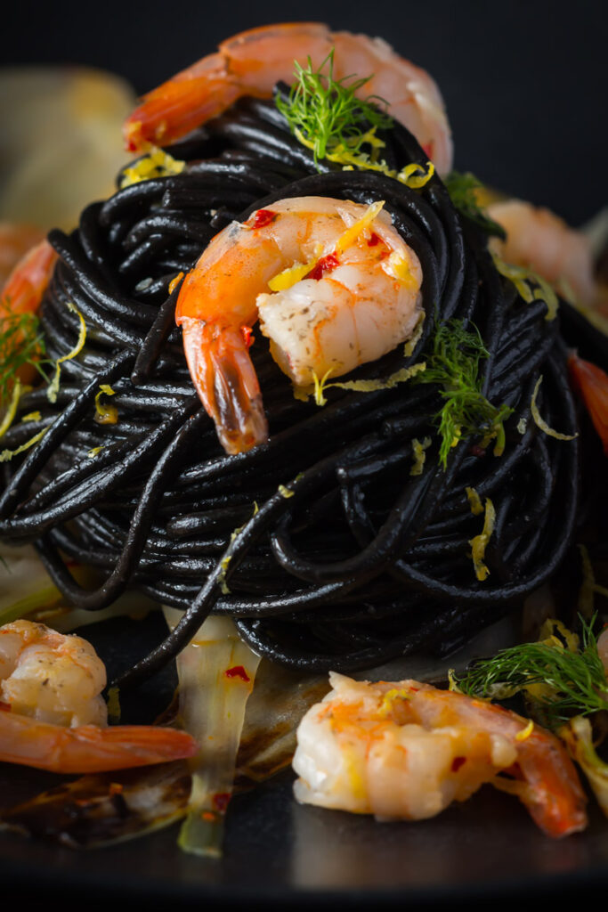 Squid Ink Spaghetti with Shrimp and Fennel | Krumpli