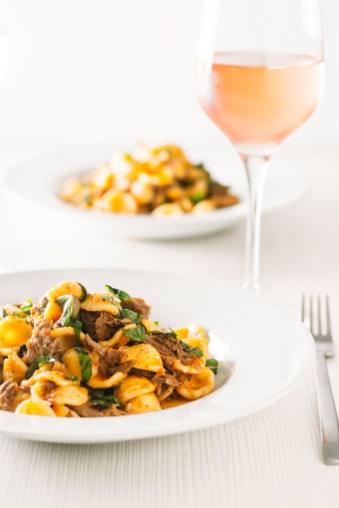 InstantPot Pork Ragu With Orecchiette Pasta Pork Ragu that tastes like it has been slow cooked for 24 hours in an hour or so thanks to the InstantPot served with hearty Orecchiette Pasta.