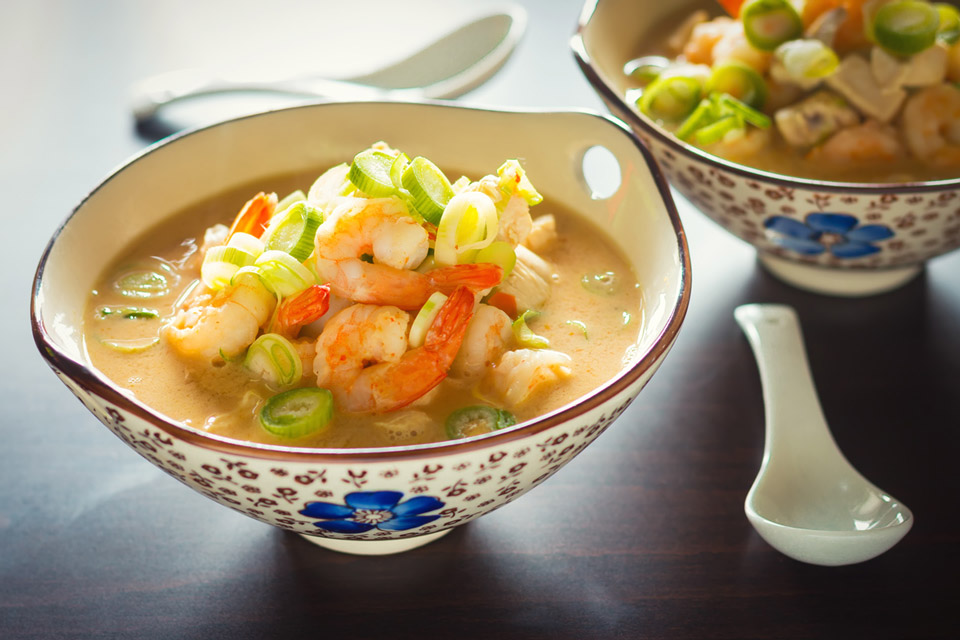 Quick Asian Chicken and Shrimp Soup My love of soup knows no bounds and this wee chicken and shrimp soup is loaded with my favourite Asian flavours and is hot, sweet, sour and salty.