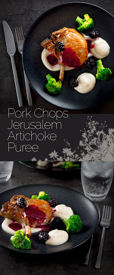 Pork chops are served along side a silky Jerusalem artichoke puree with a cider and blackberry sauce on this perfect late summer early autumn dish.