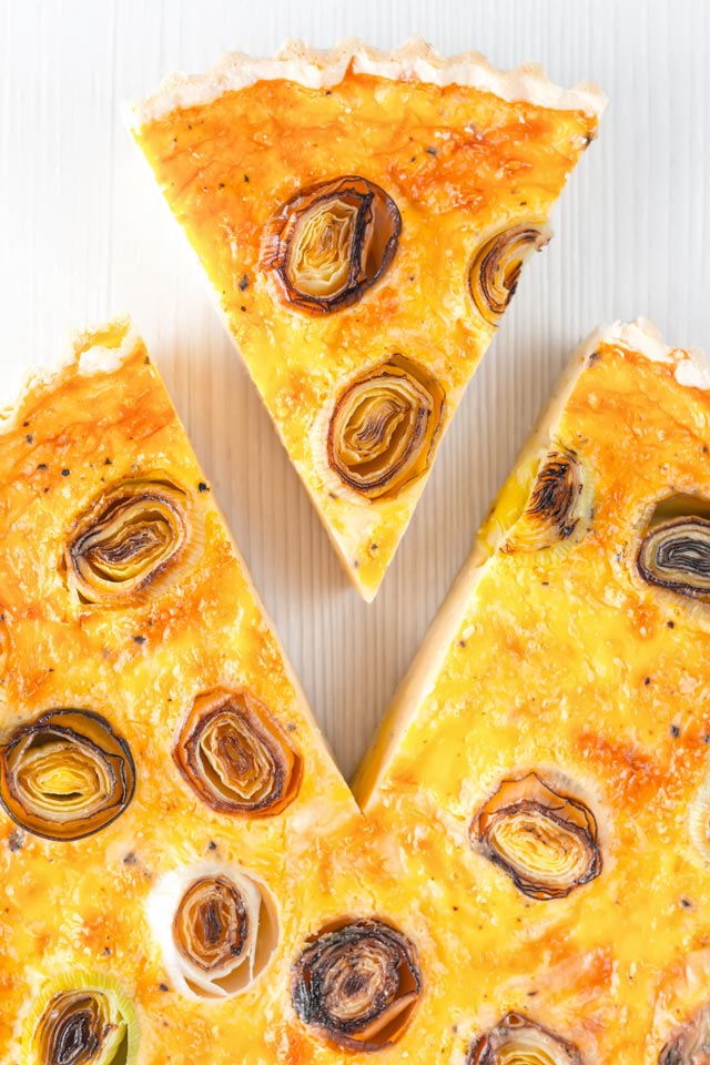 Leek and Gruyere Quiche This Leek and Gruyere Quiche is a little play on the classic idea of a cheese and onion quiche using nutty almost smoky Gruyere cheese & charred leeks.