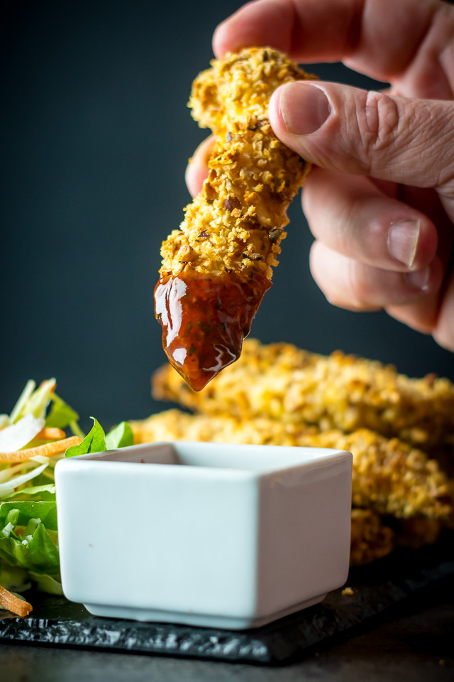 Baked Hazelnut Chicken Tenders with Spicy Dipping Sauce These Baked Hazelnut Chicken Tenders come bundled with a Spicy Dipping Sauce and can be munched on just 25 minutes after opening your cupboard!