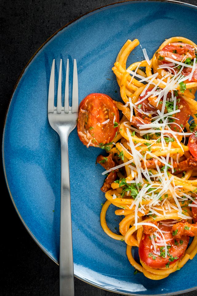 Bucatini all’Amatriciana My version of Bucatini all'Amatriciana the classic simple pasta recipe from the Lazio region of Italy, not strictly authentic but it follows the main theme.
