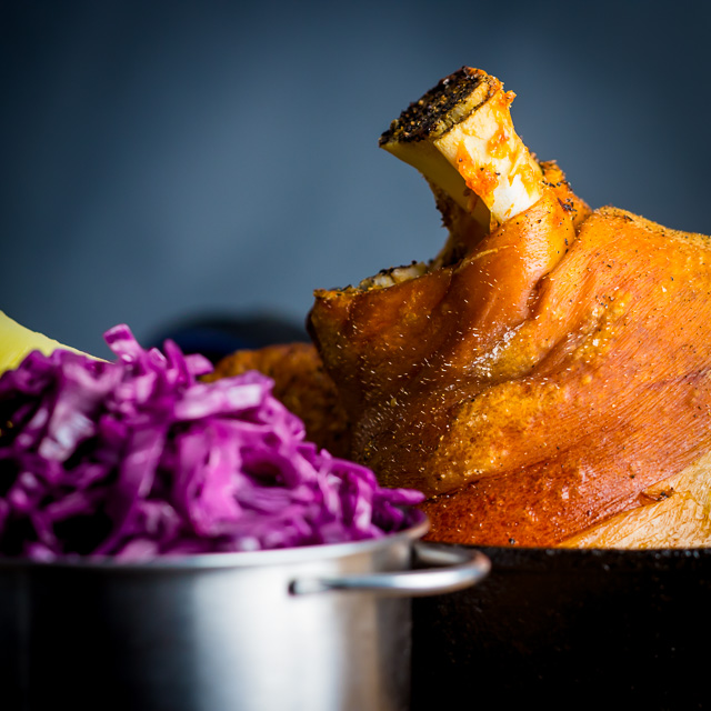 Crispy Beer Roasted Pork Knuckle With Red Cabbage Popular across all of central Europe my version of beer roasted pork knuckle has definite Hungarian leanings with dark beer and caraway seeds.