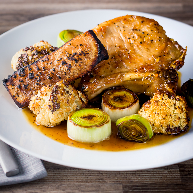 Maple Glazed Pork Chops With Cauliflower and Leek Any pork chops are great but these maple syrup and mustard glazed pork chops are good to the power of maple syrup and mustard and that is before we even get to the Cauliflower and Leeks!