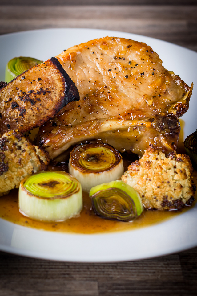 Maple Glazed Pork Chops With Cauliflower and Leek Any pork chops are great but these maple syrup and mustard glazed pork chops are good to the power of maple syrup and mustard and that is before we even get to the Cauliflower and Leeks!