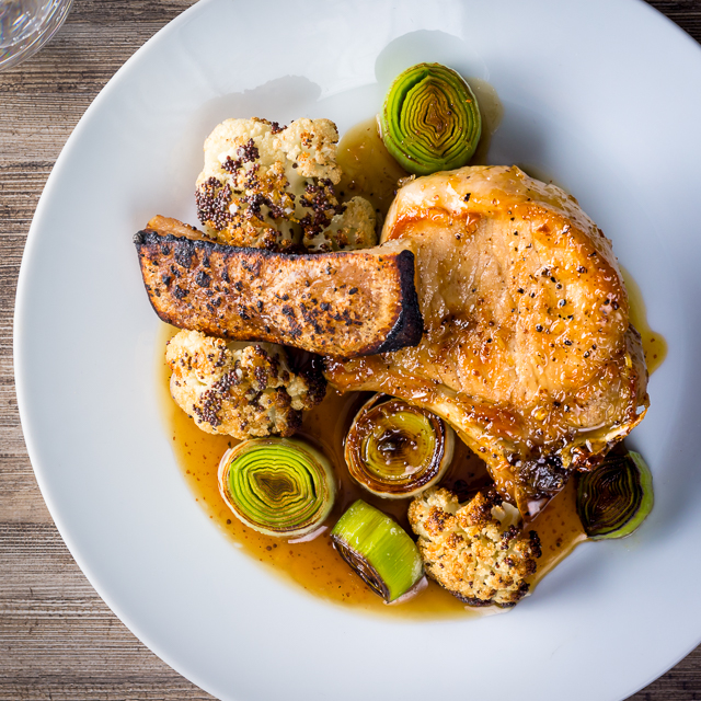 Maple Glazed Pork Chops With Cauliflower and Leek Any pork chops are great but these maple syrup and mustard glazed pork chops are good to the power of maple syrup and mustard and that is before we even get to the Cauliflower and Leeks!