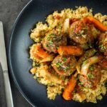 The bed of Harissa spiked bulgar wheat and chickpeas is the perfect bed for these Moroccan inspired beef meatballs, a wonderful winter warmer!