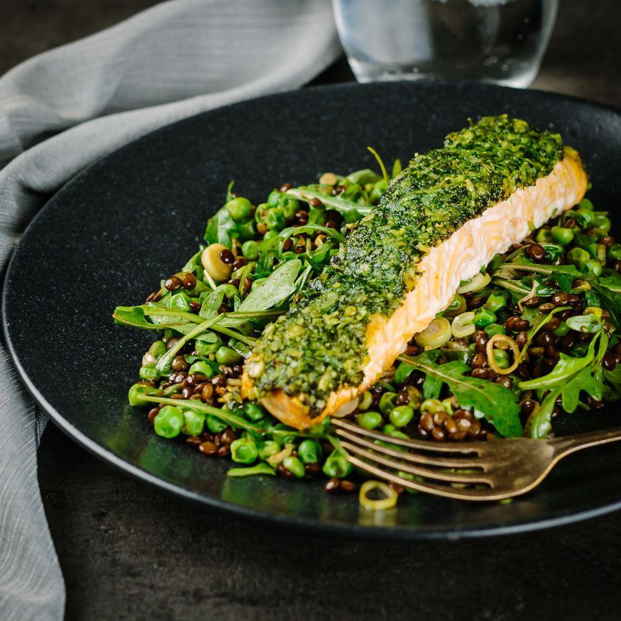 Herb Crusted Baked Salmon With Peas and Rocket Baked salmon is a beautiful thing and this herb crust salmon is served with a vibrant green warm lentil salad and a simple but great balsamic dressing.