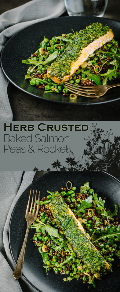 Baked salmon is a beautiful thing and this herb crust salmon is served with a vibrant green warm lentil salad and a simple but great balsamic dressing.