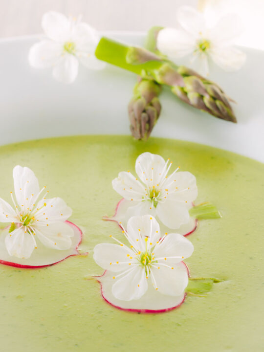 Asparagus Soup may seem a little indulgent but this cream of asparagus soup is a beautifully spring like dish with a surprising and tasty garnish.