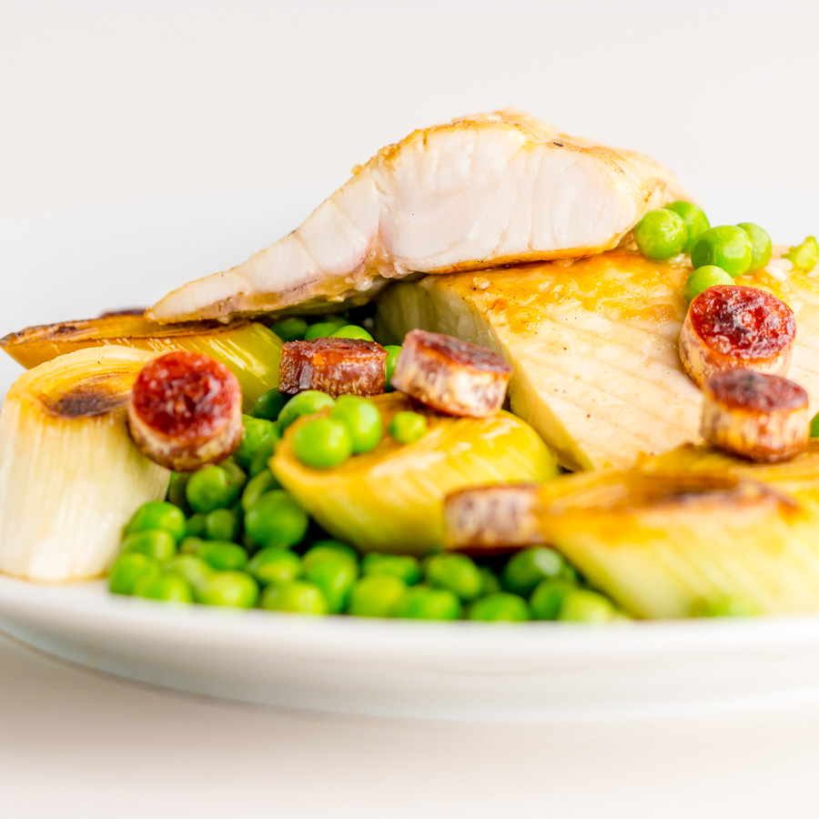 Pan Fried Cod With Peas and Leeks This Pan Fried Cod with Peas and Leeks is livened up with a little salami and represents the best of early spring for me, and the kicker is it is all ready in well under 30 minutes!