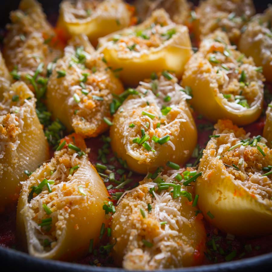 Skillet Goats Cheese Stuffed Pasta Shells I love stuffed pasta shells and these glorious treats are stuffed with salami and goats cheese and baked in the oven in a cast iron skillet.
