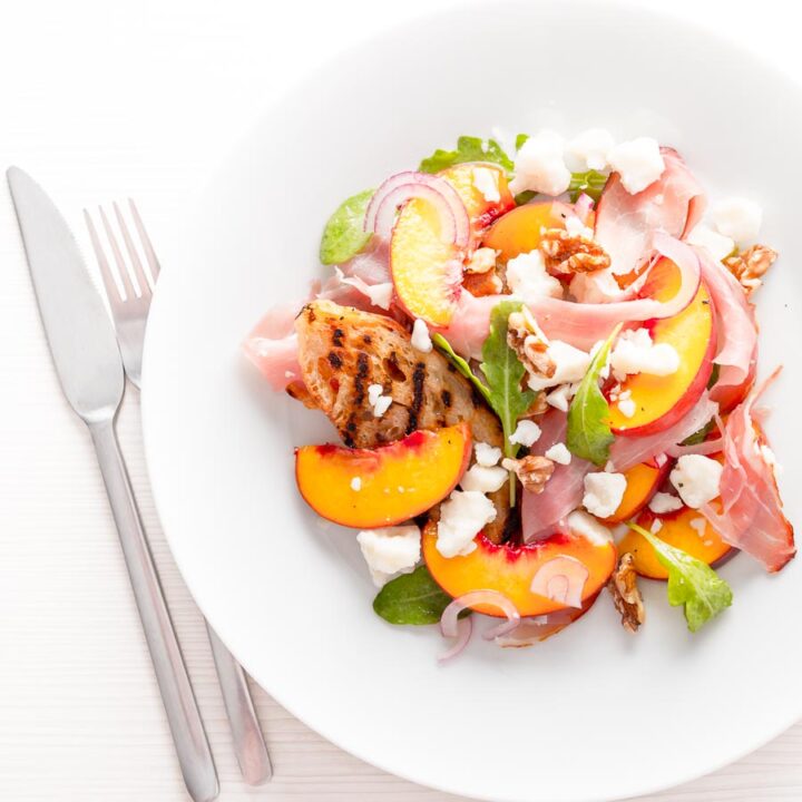 Ham, cheese and pickles are a well-trodden path for a salad the pickled peaches in this salad really sets it apart from the rest and they are borderline genius!