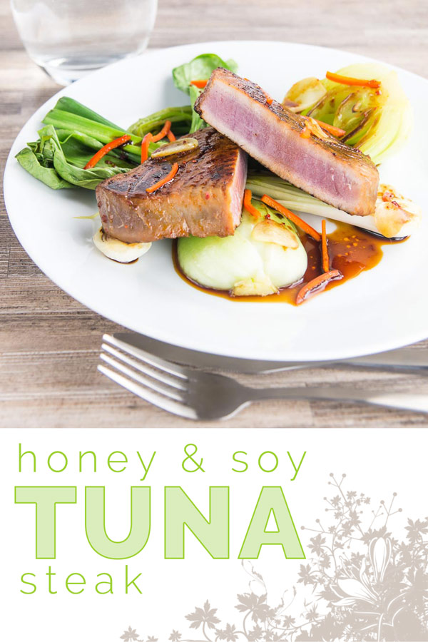 This glorious honey and soy glazed tuna steak is pimped up with a bit of chili and seared rather than cooked, it is served with some garlic braised pak choi and spring onions. #tuna #searedtuna #chili #spicy #asian #bokchoi #recipe #recipeoftheday #recipeideas