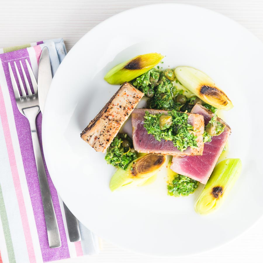 Tuna Steak With Lemon Caper Sauce This vibrant and zingy lemon caper sauce is the perfect accompaniment to this quickly seared tuna steak deliberately cooked very rare and just warmed in the centre!