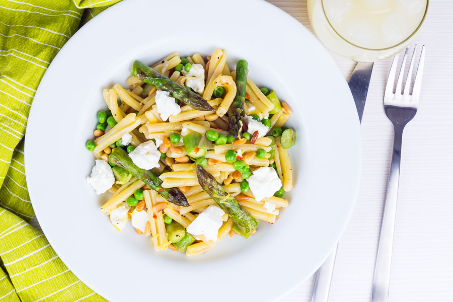 Asparagus and Pea Casarecce Pasta This Casarecce Pasta is a pasta recipe loaded with the flavours of spring, the sweetness of peas and asparagus are offset by light and salty feta cheese. Of course there is a splash of chili and lemon too!