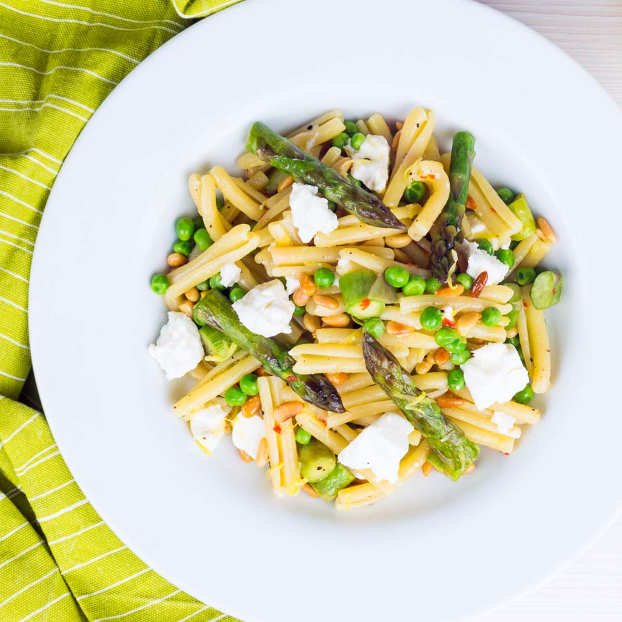 Asparagus and Pea Casarecce Pasta This Casarecce Pasta is a pasta recipe loaded with the flavours of spring, the sweetness of peas and asparagus are offset by light and salty feta cheese. Of course there is a splash of chili and lemon too!