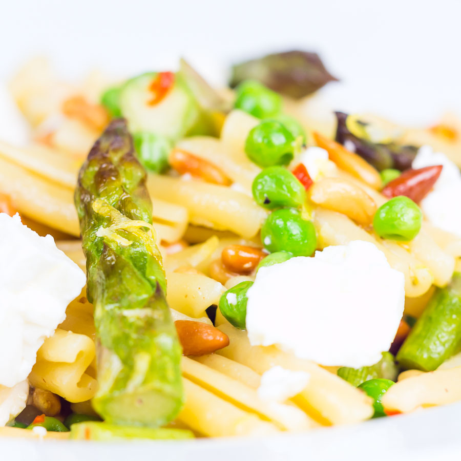 Asparagus and Pea Casarecce Pasta This Casarecce Pasta is a pasta recipe loaded with the flavours of spring, the sweetness of peas and asparagus are offset by light and salty feta cheese. Of course there is a splash of chili and lemon too!