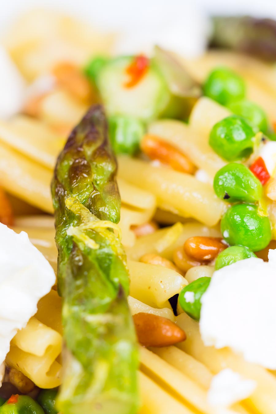 Asparagus and Pea Casarecce Pasta This Casarecce Pasta is a pasta recipe loaded with the flavours of spring, the sweetness of peas and asparagus are offset by light and salty feta cheese. Of course there is a splash of chili and lemon too!