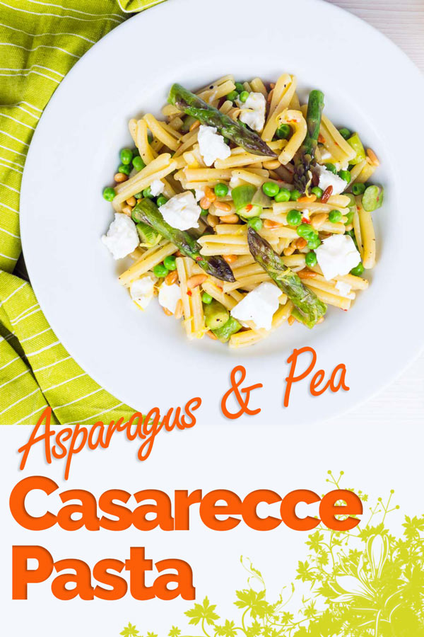 This Casarecce Pasta is a pasta recipe loaded with the flavours of spring, the sweetness of peas and asparagus are offset by light and salty feta cheese. Of course there is a splash of chili and lemon too! #pasta #pastarecipe #springrecipe #springfood #italianfood #recipe #recipeoftheday #recipeideas