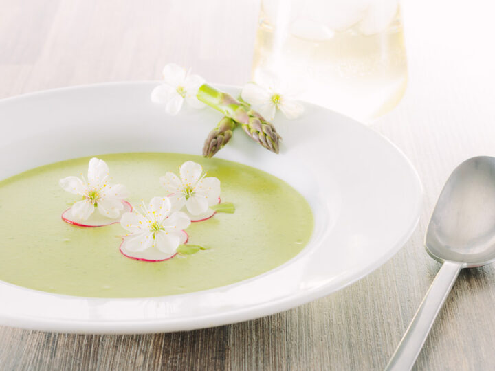 Asparagus Soup may seem a little indulgent but this cream of asparagus soup is a beautifully spring like dish with a surprising and tasty garnish.