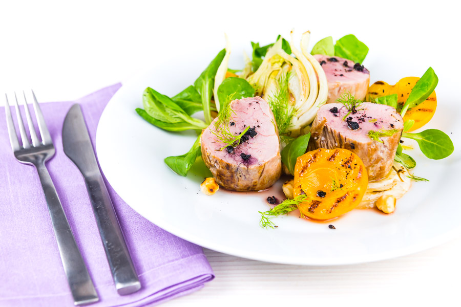Roast Pork Tenderloin with Apricots and Fennel Roast pork tenderloin is the perfect 'quick cook' piece of meat, beautifully tender when cooked pink and served here with gin braised fennel and seared apricots.