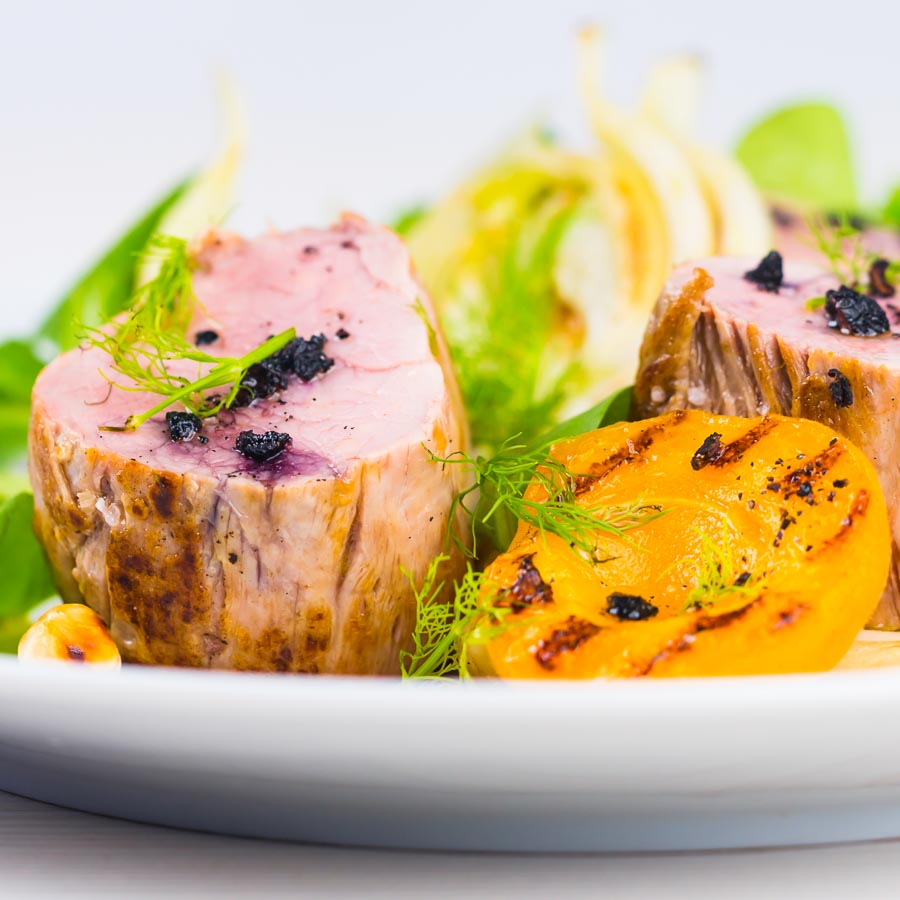 Roast Pork Tenderloin with Apricots and Fennel Roast pork tenderloin is the perfect 'quick cook' piece of meat, beautifully tender when cooked pink and served here with gin braised fennel and seared apricots.