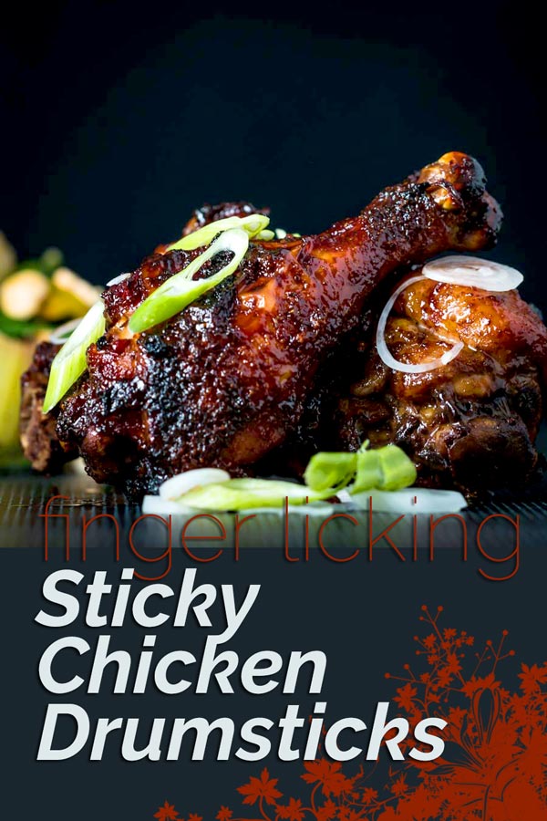 Finger Licking Sticky Chicken Drumsticks coated with a rich and dark glaze heavy with chili, perfect baked in the oven but would work equally well on a BBQ! #chicken #stickyfingers #chickenrecipe #chickendrummers #spicy #recipe #rrecipeideas #recipeoftheday