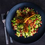 This Zaatar Halloumi Cheese With Cous Cous combines zaatar marinated and sautéd halloumi cheese with a fresh spring like couscous salad!