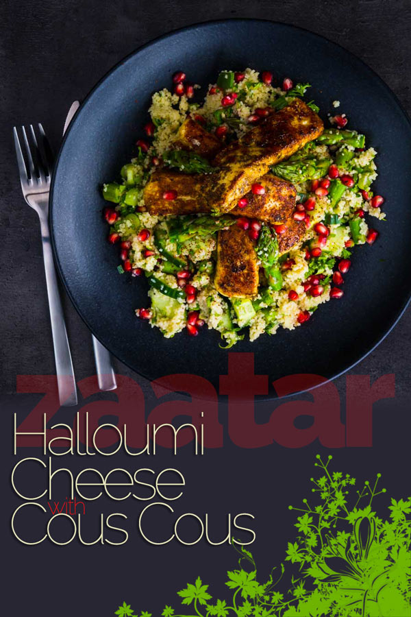 This Zaatar Halloumi Cheese With Cous Cous combines zaatar marinated and sautéd halloumi cheese with a fresh spring like couscous salad! #halloumicheese #cheese #zaatar #vegetarian #dinnerfortwo #recipeideas #recipeoftheday #recipes