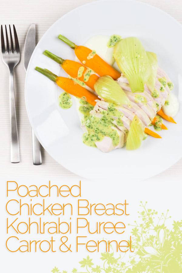 A poached chicken breast is a light way of creating a fab light summer meal, this comes with a kohlrabi puree, carrots, fennel and a mustard sauce. #dinnerfortwo #recipesfortwo #datenightdinners #chickendinner #chicken #recipes #recipeideas #recipeoftheday