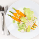 A poached chicken breast is a light way of creating a fab light summer meal, this comes with a kohlrabi puree, carrots, fennel and a mustard sauce.