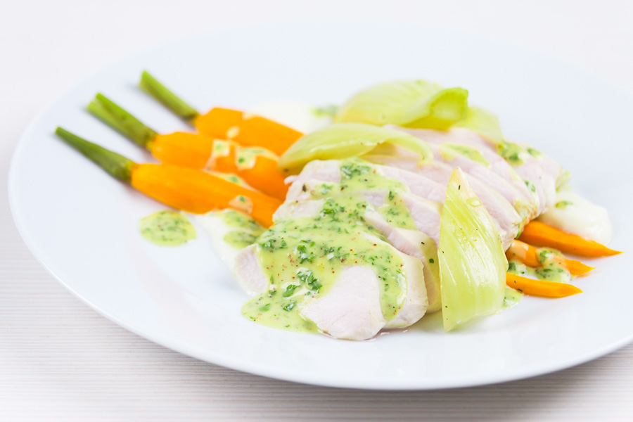 Poached Chicken Breast With Carrot and Fennel A poached chicken breast is a light way of creating a fab light summer meal, this comes with a kohlrabi puree, carrots, fennel and a mustard sauce.