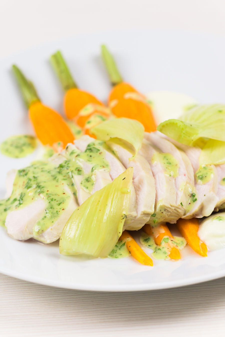 Poached Chicken Breast With Carrot and Fennel A poached chicken breast is a light way of creating a fab light summer meal, this comes with a kohlrabi puree, carrots, fennel and a mustard sauce.