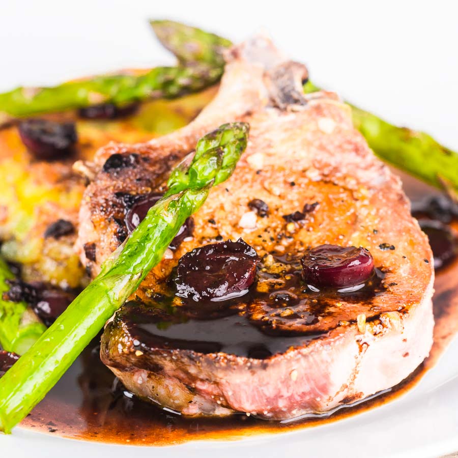Pan Fried Pork Chops With Balsamic Cherries and Potato Rosti Simply pan fried pork chops are served with a simple potato rosti, some balsamic cherries and asparagus for an old school but delightful meal!