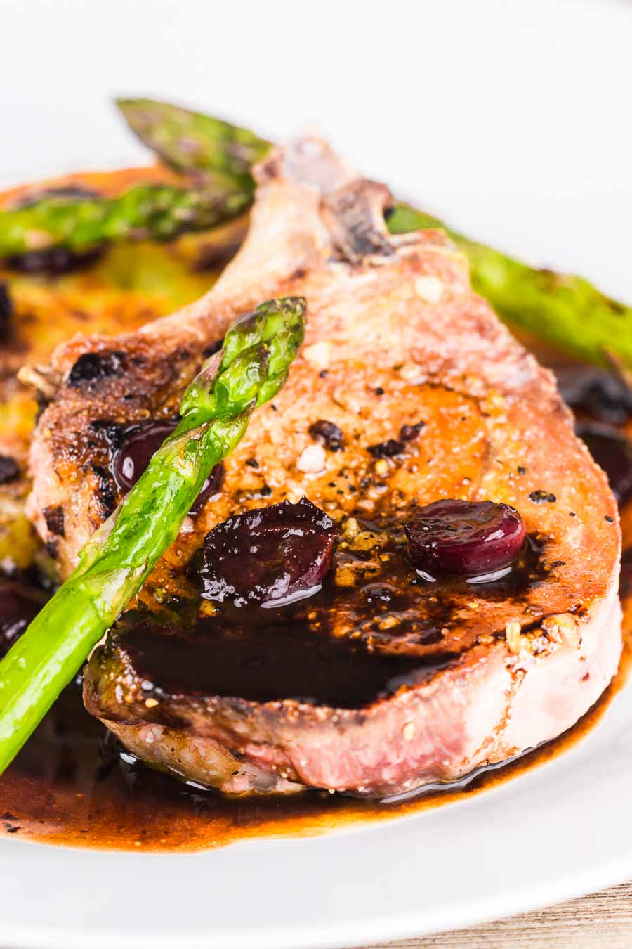 Pan Fried Pork Chops With Balsamic Cherries and Potato Rosti Simply pan fried pork chops are served with a simple potato rosti, some balsamic cherries and asparagus for an old school but delightful meal!