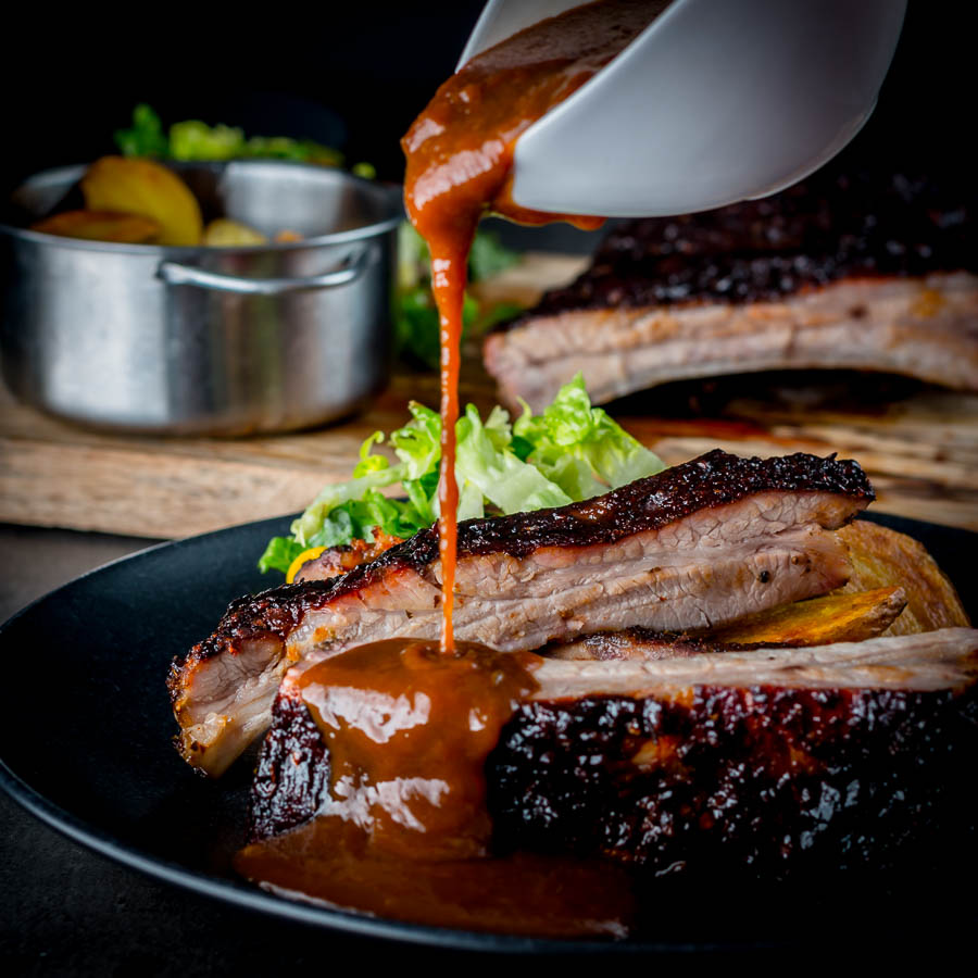 What could possibly be wrong about sticky slow roasted bbq ribs served with a roasted onion BBQ style dipping sauce and not a BBQ in sight.