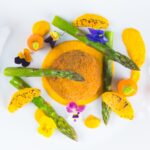 These confit duck leg bonbons are at the centre of a surprisingly light and wonderfully fancy meal featuring an orange and cumin puree and asparagus.