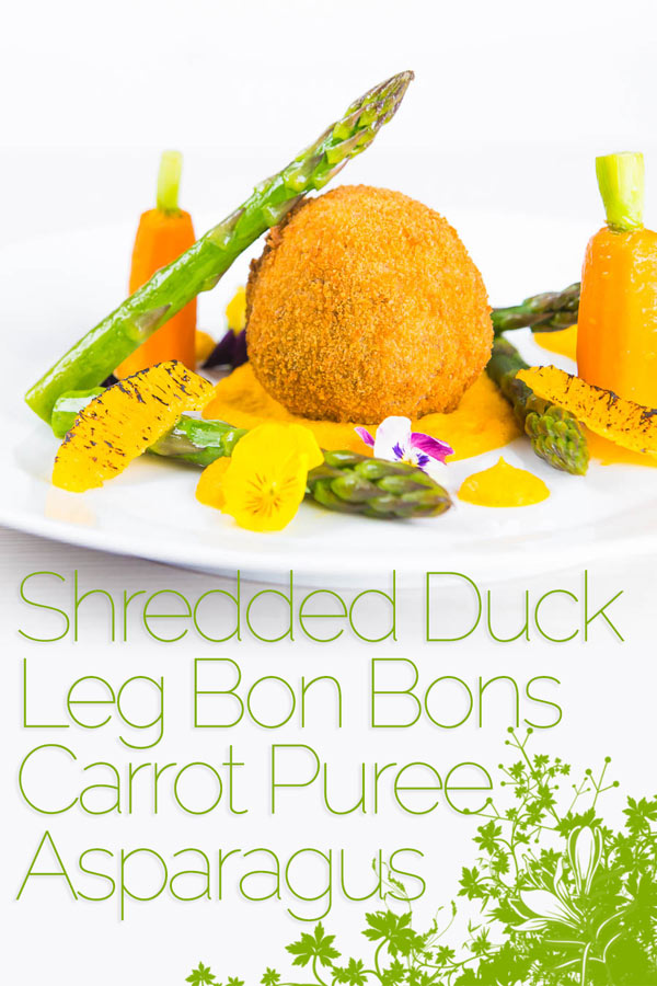 These confit duck leg bonbons are at the centre of a surprisingly light and wonderfully fancy meal featuring an orange and cumin puree and asparagus. #dinnerfortwo #duck #confitduck #datenightdinner #dinnerpartyrecipes #recipe #recipeoftheday #recipeideas