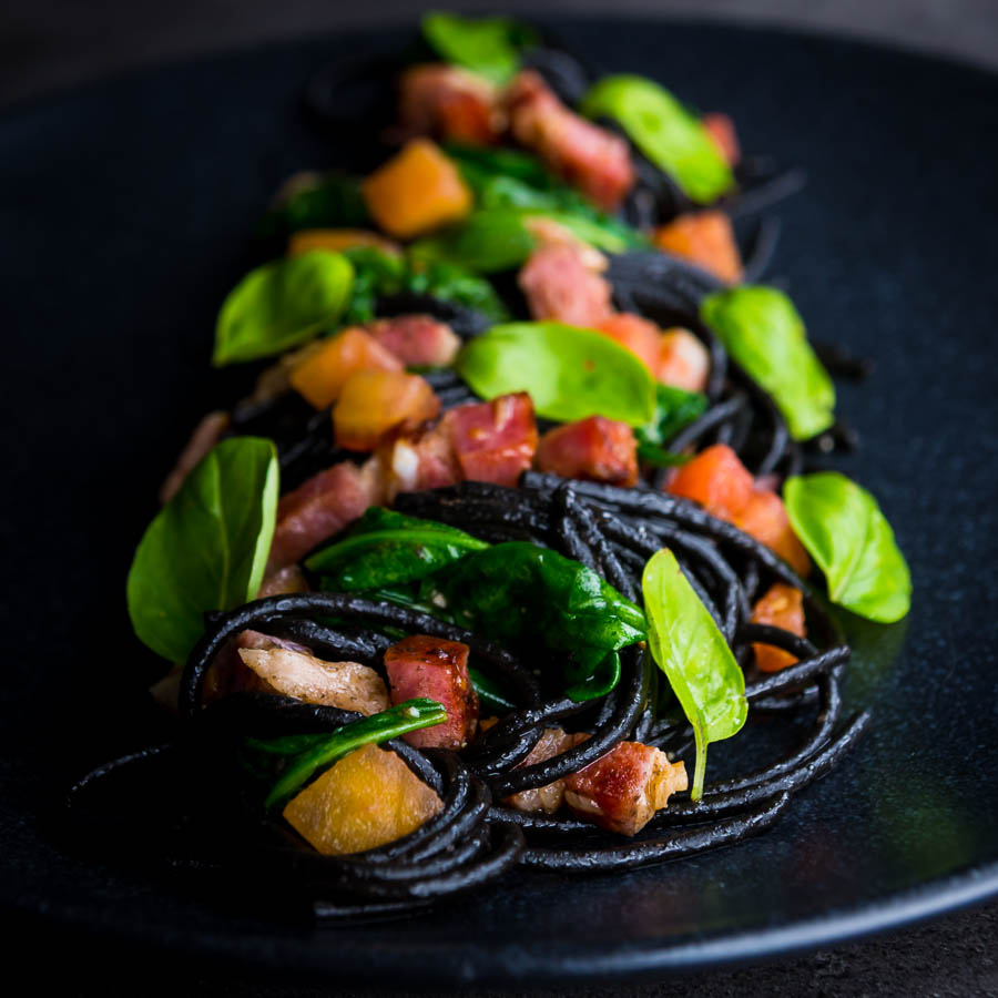 Squid Ink Pasta with Bacon, Spinach and Capers | Krumpli