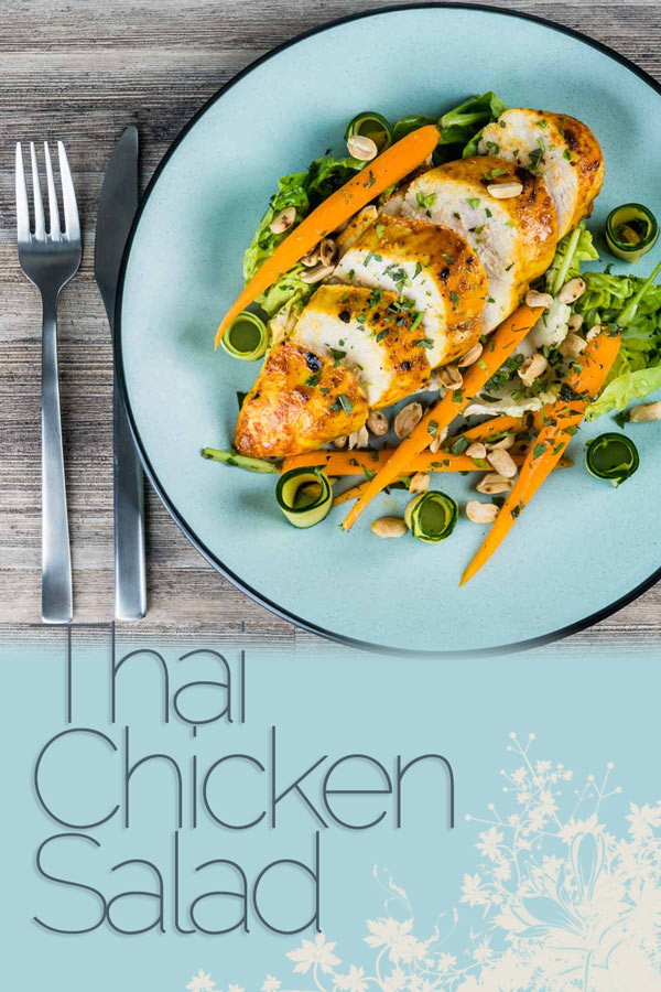 A simply roasted chicken breast in a Thai red curry paste and coconut milk coating form the centerpiece of this insanely tasty Thai Chicken Salad! #chickendinner #chickensalad #maincoursesalad #saladrecipes #easysaladrecipes #recipes #recipeideas #recipeoftheday