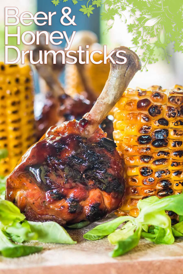 Dark Beer (a porter) and Honey form the base of the glaze on these BBQ chicken drumsticks which are served with simply grilled buttered sweetcorn. #grilledchicken #bbqchicken #grillingrcipes #bbqrecipes #recipeideas #recipeoftheday #recipes