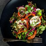 This delicious puy lentil salad is loaded with gloriously salty, fresh, soft goats cheese and wonderfully sweet roasted red pepper!