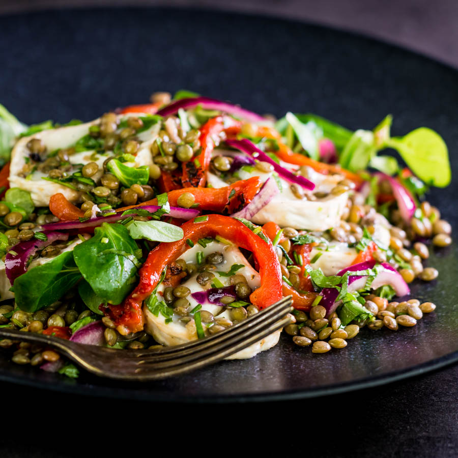 Puy Lentil Salad With Goat Cheese and Roasted Peppers This delicious puy lentil salad is loaded with gloriously salty, fresh, soft goats cheese and wonderfully sweet roasted red pepper!