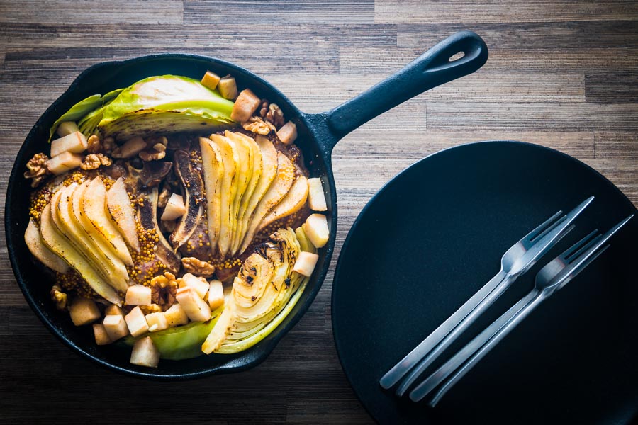 Skillet Pork Chops with Cabbage, Pear and Walnuts is a simple one pot wonder packed full of Autumnal flavours and textures.