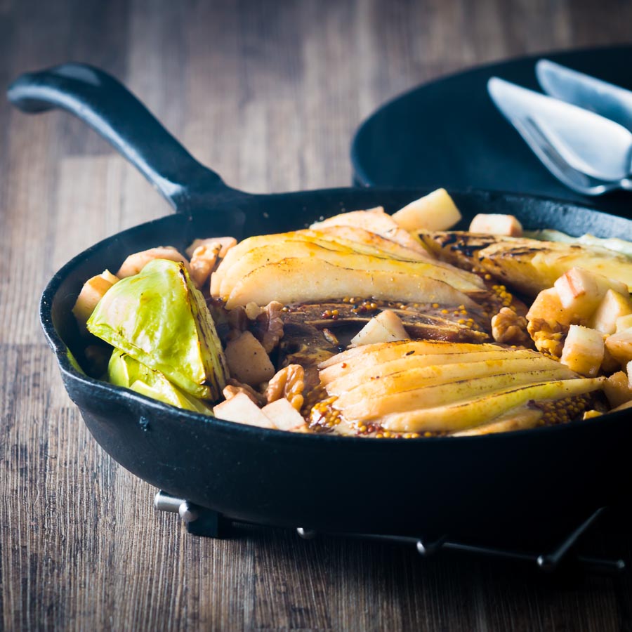 Skillet Pork Chops with Cabbage, Pear and Walnuts is a simple one pot wonder packed full of Autumnal flavours and textures.