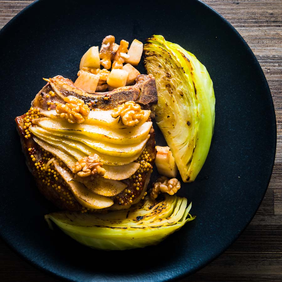 Skillet Pork Chops with Cabbage, Pear and Walnuts is a simple one pot wonder packed full of Autumnal flavours and textures.
