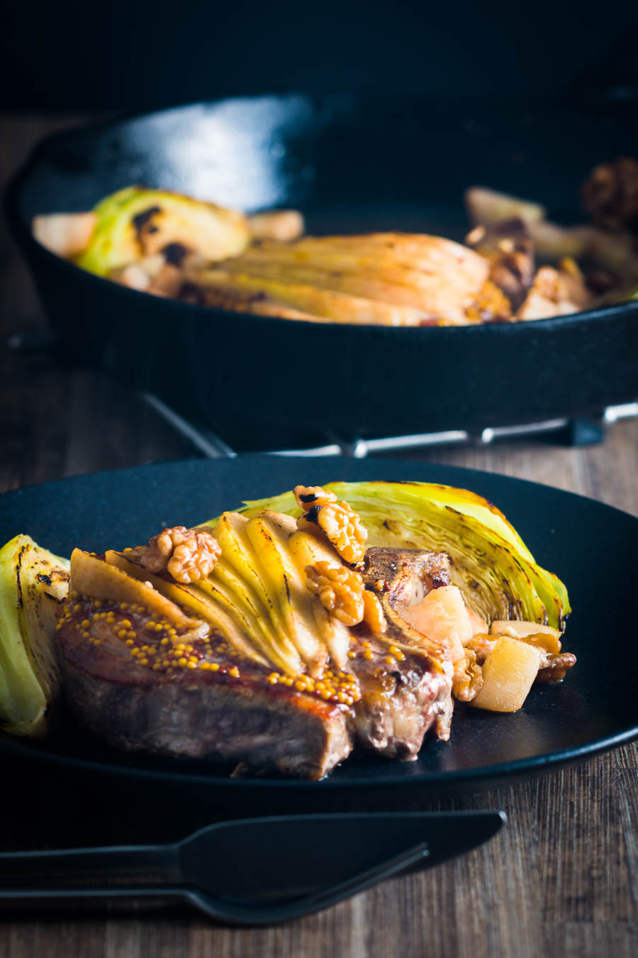 Skillet Pork Chops with Cabbage, Pear and Walnuts is a simple one pot wonder packed full of Autumnal flavours and textures.